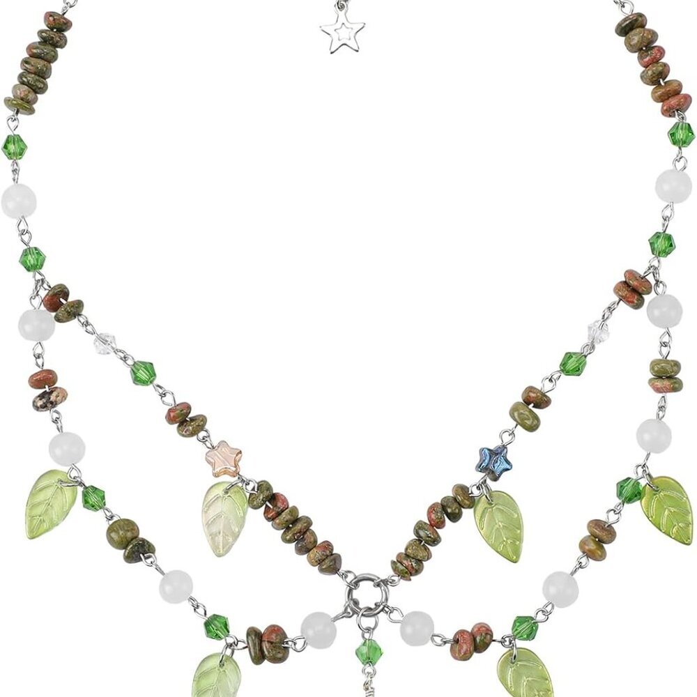 Woodland Ren Faire Necklace - Green Beaded Crystal Necklaces for Women Forest Le